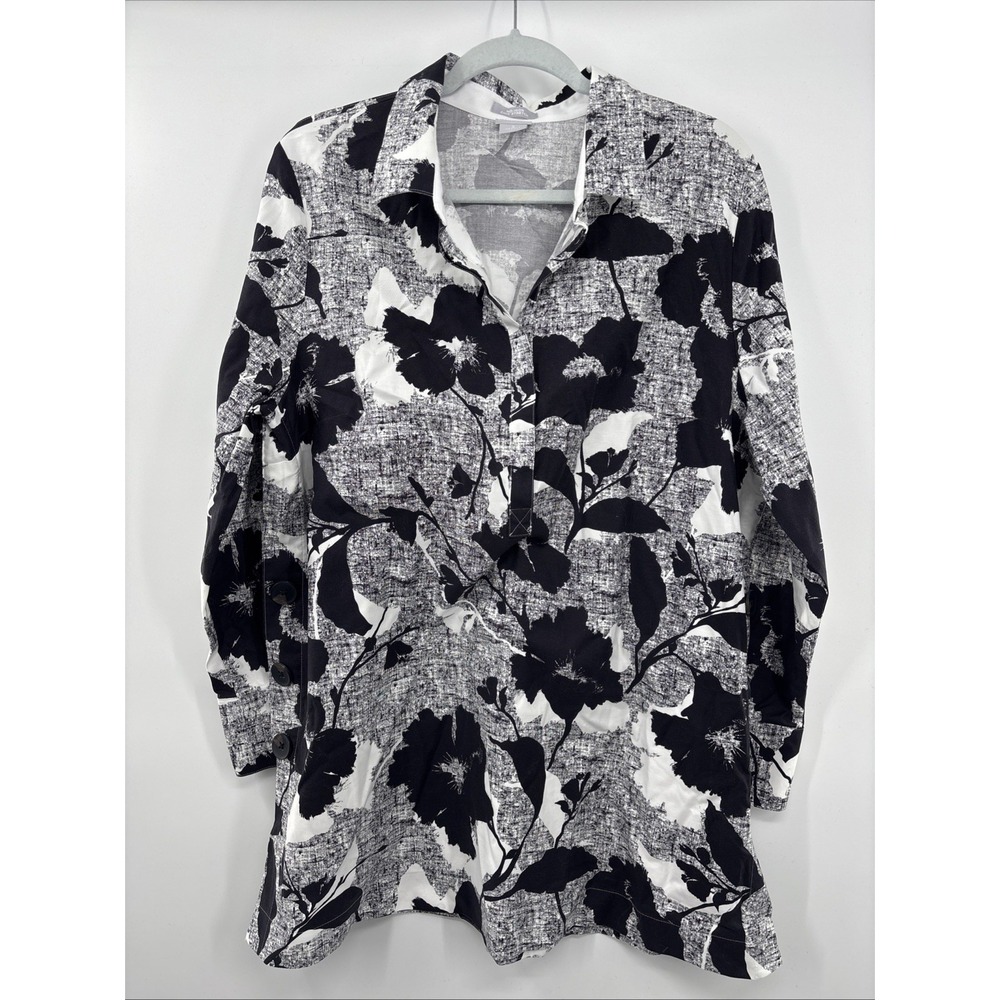 Chico's Tunic Shirt Black Floral XL Long Sleeve Womens Non Iron Stretch Chic